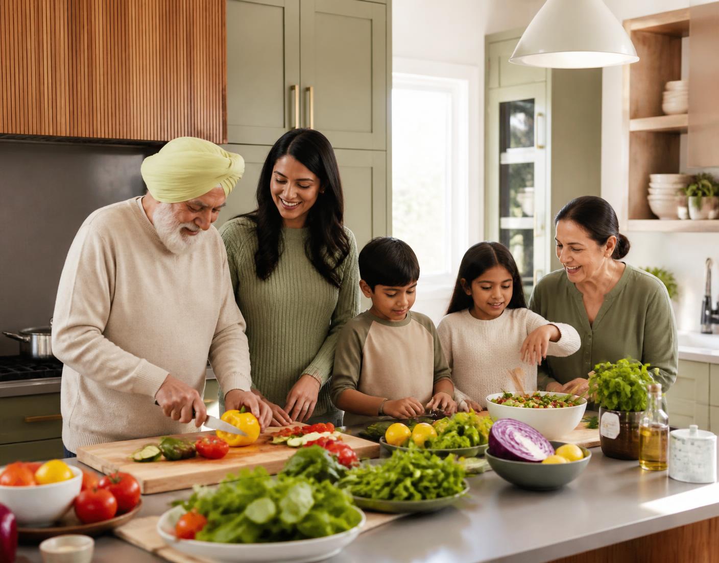 A multigenerational Canadian family preparing a healthy meal together