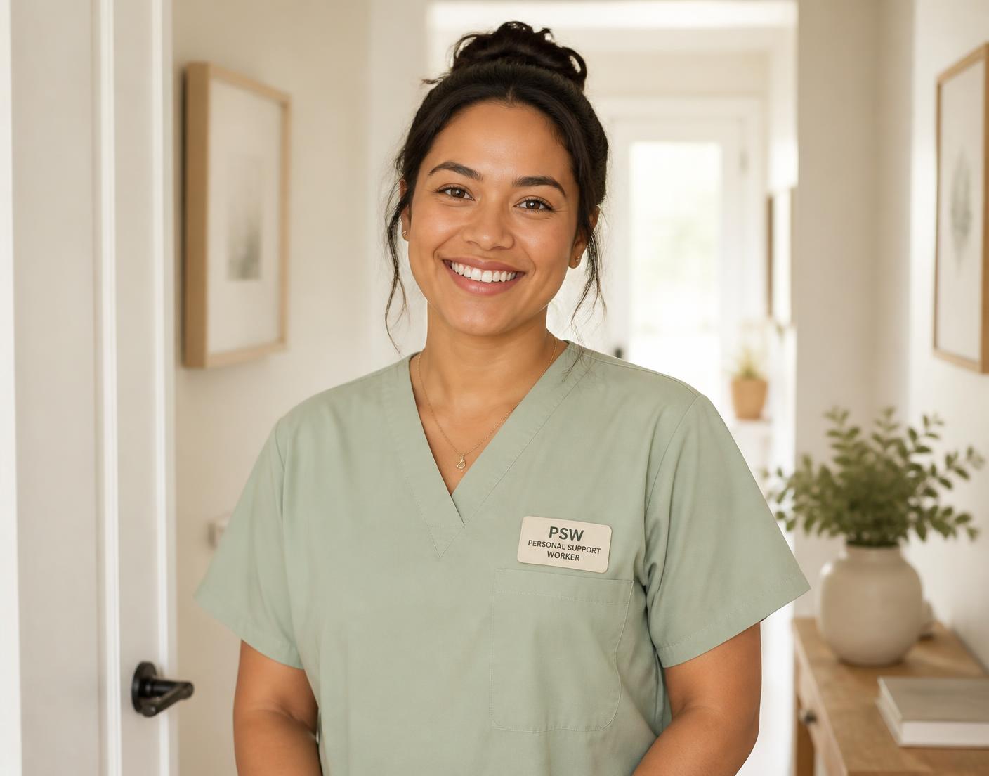 A smiling Personal Support Worker in sage scrubs standing in a bright home