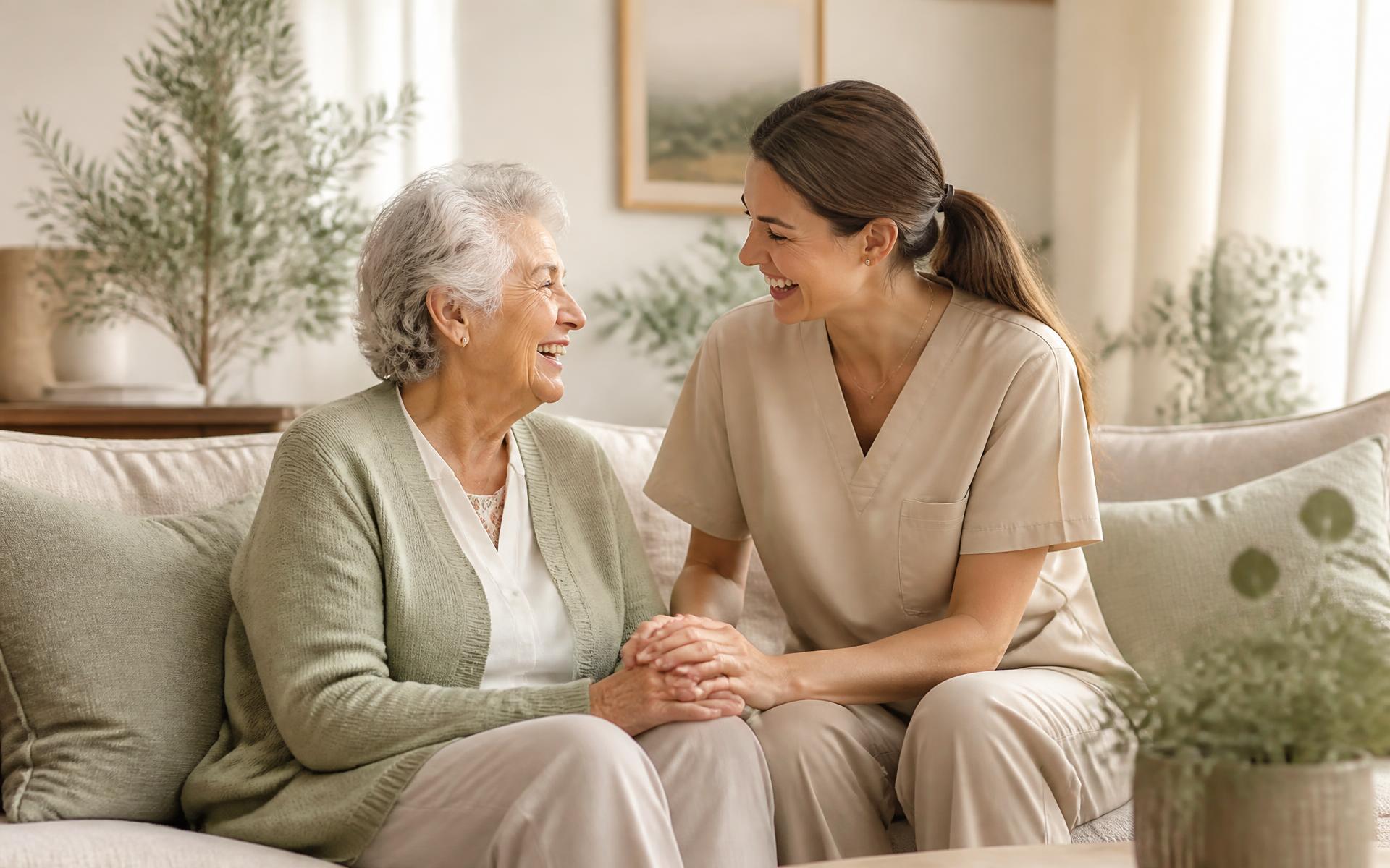 A Personal Support Worker sitting and laughing with a senior woman in her sunlit living room