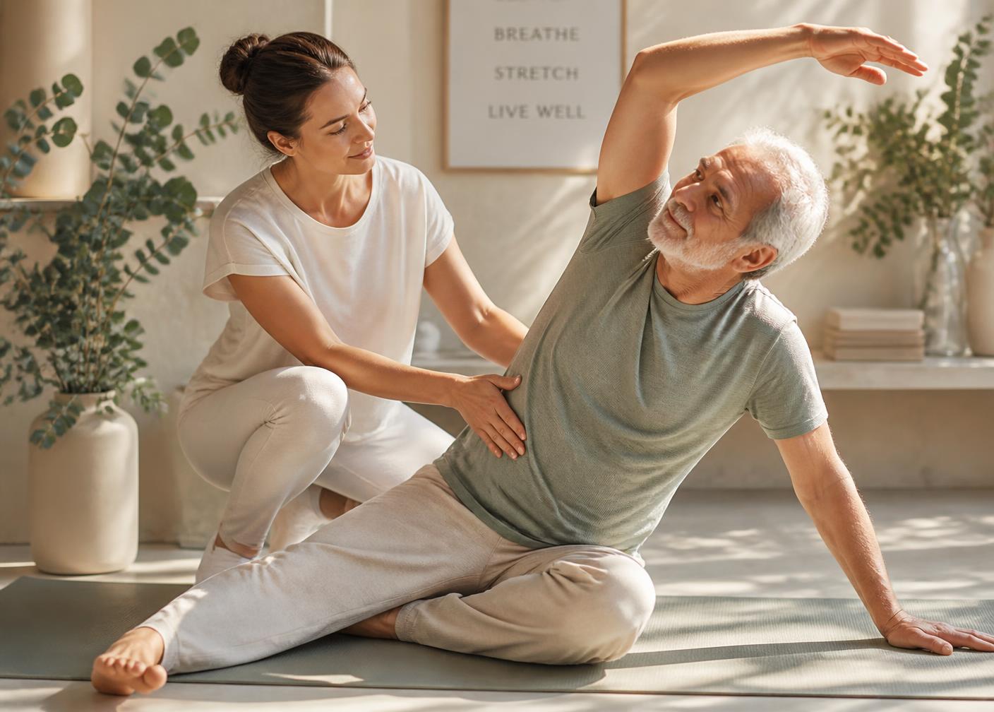 A wellness coach guiding a senior man through gentle stretching at home